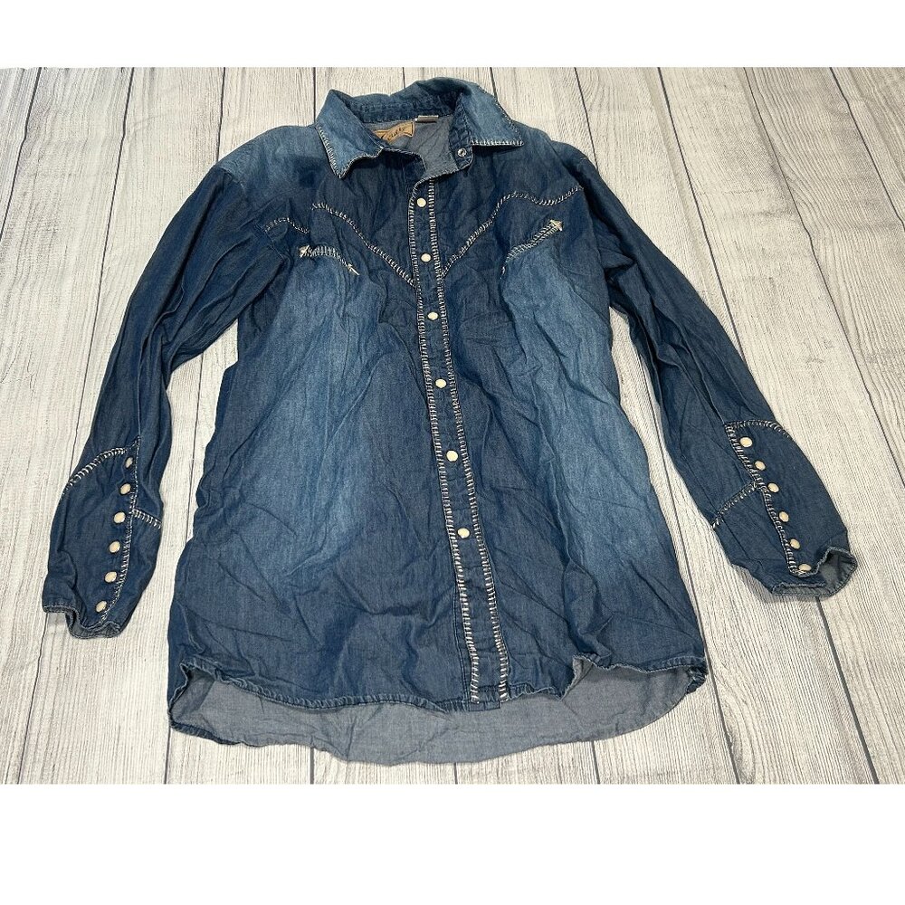 Scully Embellished Western Denim Button-Down Blue Long Sleeve Shirt Size Large